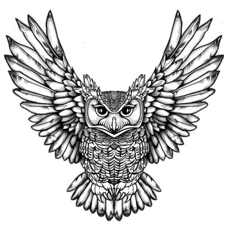 A black and white drawing of an owl. Tattoo design or coloring book page.の素材