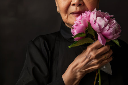 An elegant elderly woman cradles a vibrant bouquet of flowers, radiating grace and beauty.の素材