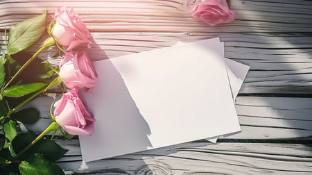 Next to a blank paper with copy-space for your personalized message, a bouquet of pink roses, perfect for a greeting card design for birthdays or Mothers Day, conveying warmth and love affection.の素材