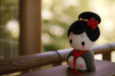 A small figurine of a geisha doll stands against a blurred traditional Japanese background, evoking the elegance and grace of Japans rich cultural heritage in a charming and captivating display.の素材