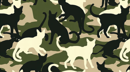 Camouflage flat pattern with cats on it in khaki, green, brown and white colorsの素材