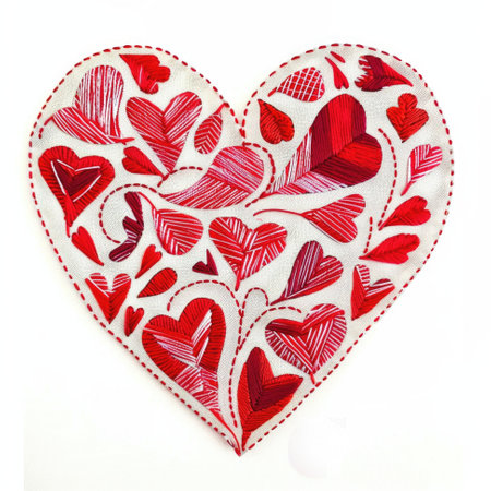 A red and white embroidered heart on a white background. Embroidery on white backgroundの素材