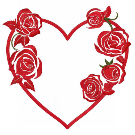 A heart with roses in the middle of it. Embroidery on white backgroundの素材