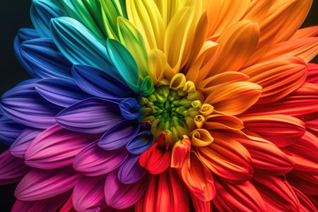 A vibrant rainbow colored flower stands out against a captivating black background, showcasing a beautiful harmony of colors.の素材