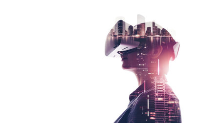 A man wearing a virtual reality headset in front of a cityscape.の素材