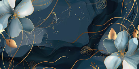 A mesmerizing painting showcasing a vibrant display of blue flowers that emerge gracefully from a deep, mysterious dark blue backdrop.の素材
