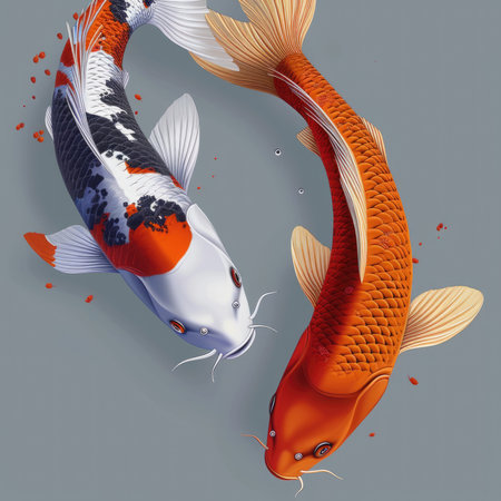 Two graceful koi fish gracefully glide through the tranquil waters, capturing the essence of tranquility and harmony.の素材