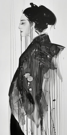 A stunning painting featuring a graceful woman in black and white, radiating an ethereal presence.の素材