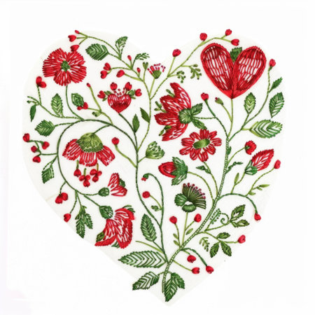 A heart with red flowers and green leaves. Embroidery on white backgroundの素材