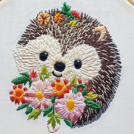 A close up of a hedge with flowers. Embroidery on white backgroundの素材