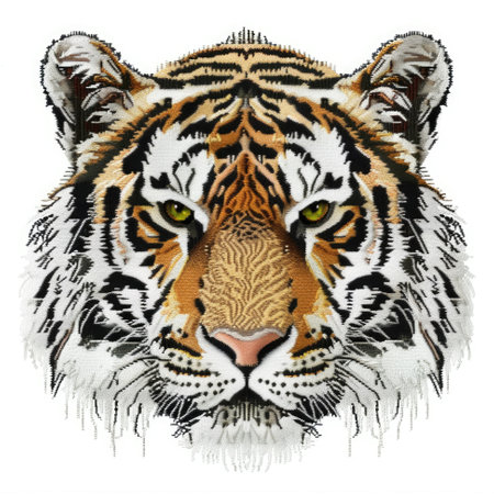 A close up of a tigers face on a white background. Embroidery on white backgroundの素材
