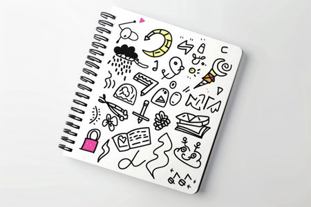 This photo showcases a notebook adorned with a captivating array of hand-drawn illustrations depicting various subjects, offering an exquisite display of creativity and imagination.の素材