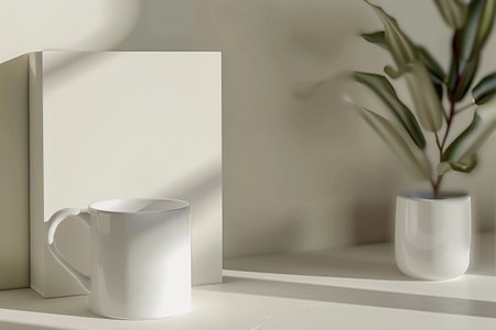 A white coffee cup gracefully rests upon a pristine counter, basking in the soft glow of natural light. Blank mockup, copy-space.の素材