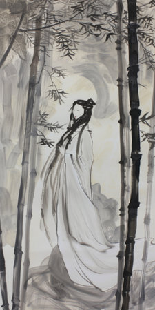 A painting depicting a woman gracefully traversing through a mist-filled forest, surrounded by ancient bamboo and an ethereal atmosphere.の素材