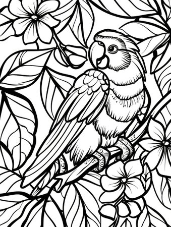A black and white drawing of a parrot bird sitting on a tree branch. Coloring book for kids.の素材