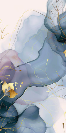 A vibrant painting of blue and yellow flowers dancing together on a clean white background.の素材