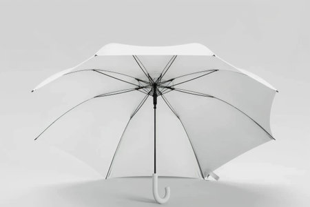 A beautifully contrasted photo showcasing a white umbrella with a black handle, gracefully standing against a clean white background. Blank mockup, copy-space.の素材