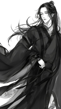 A drawing of a man with long hair dressed in black chinese hanfu, fantasy character.の素材