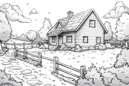 A drawing of a house in a field. Coloring book for kids.の素材