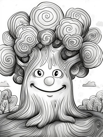 A drawing of a tree with swirly hair. Coloring book for kids.の素材