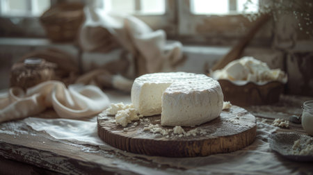 A piece of cheese sitting on top of a wooden cutting board.の素材