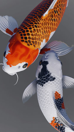 Two koi fish are swimming in the water.の素材