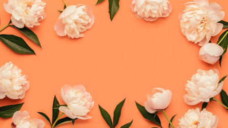 White peonies and green leaves on an orange background.の素材