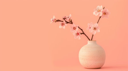 A white vase with some flowers in it on an apricot colored background. Banner composition with copy-spaceの素材