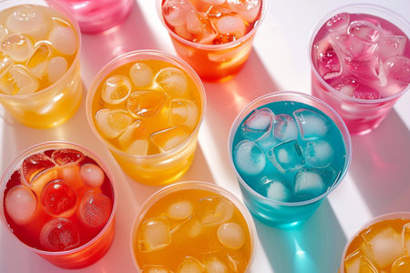 Top-down view of colorful iced drinks in various flavors, casting playful reflections and suggesting a festive atmosphere.の素材