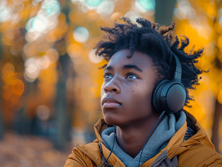 Young African American Teenager Enjoying Music Outdoors with Headphones in Autumn.の素材