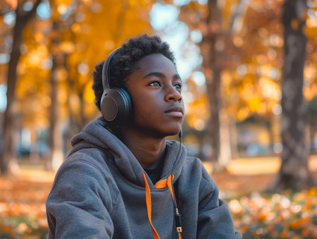 A young man wearing headphones is sitting in a park. The boy is wearing a gray hoodie and orange hoodie. The park is filled with autumn leaves, and the boy is looking at the trees.の素材