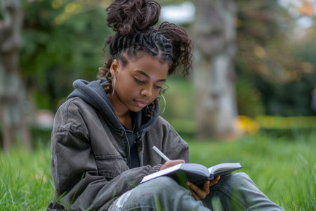Focused Young Woman Studying in Nature with Notebook.の素材