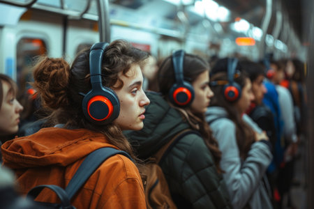 Commuters with Headphones in Urban Subway Setting.の素材