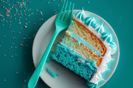 A festive slice of blue and green mermaid birthday cake with vibrant sprinkles, symbolizing celebration and joy.の素材
