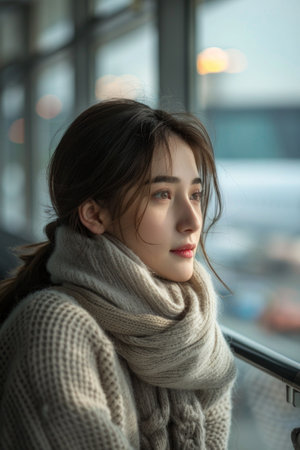 Serene Young Woman Gazing Out Window in Cozy Sweater and Scarf.の素材