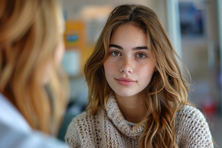 Serene Beauty: Young Woman with Freckles in Natural Light.の素材