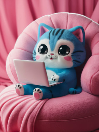 Adorable Blue Cartoon Cat Using Laptop on Pink Armchair.の素材