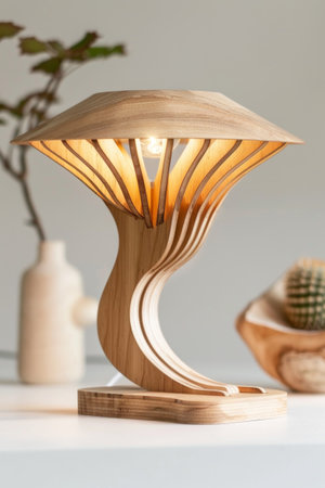 Elegant Wooden Mushroom Lamp on Desk with Minimalist Decor. Biophilic design, natural materials.の素材