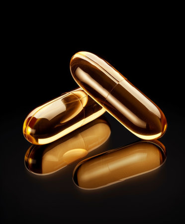 Golden High Gloss Pills on a Reflective Black Background in Close-Up View.の素材