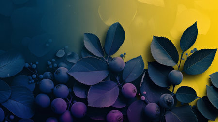 A striking contrast of yellow and dark leaves creating a vibrant border on cyan and yellow textured backgroundの素材