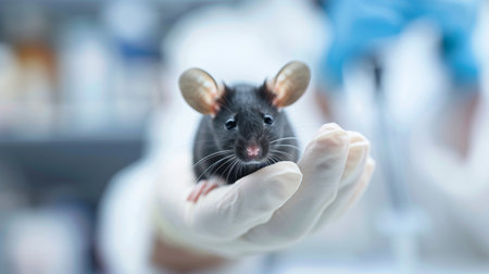Close-up of Black Laboratory Mouse in Scientists Gloved Hand at Research Facility.の素材