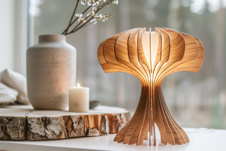 Cozy Home Decor with Wooden Table Lamp, Ceramic Vase, and Scented Candle on Rustic Wood. Biophilic design, natural materials.の素材