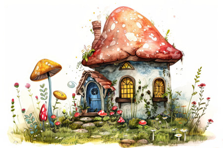 Whimsical mushroom house set amidst an enchanted forest, featuring vibrant mushrooms, wildflowers, and sparkling details. ideal for fantasy-themed designs and wall art.の素材