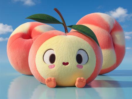 Cute and fluffy plush peach character with big eyes, surrounded by vibrant peaches under a clear blue sky. perfect for summer themes and digital art projects.の素材