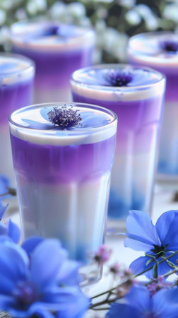 Beautiful Layered Blue and Purple Drinks with Edible Flowers in Clear Glasses.の素材