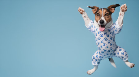 Happy Energetic Dog in Pajamas Jumping Against Light Blue Background.の写真素材