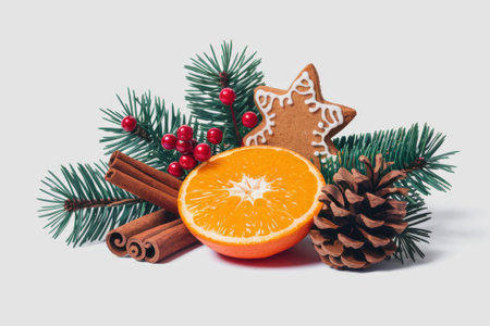 Holiday Christmas Still Life with Orange Slice, Pine Cones, and Festive Decorations.の写真素材