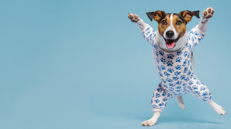 Happy Dog in Pajamas Leaping Against Blue Background.の写真素材