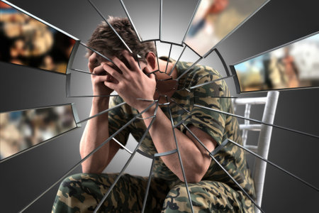 Soldier Experiencing PTSD with Fractured Glass Effect Highlighting Psychological Struggles.