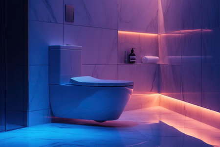 A stylish bathroom showcases a contemporary design with ambient led lighting illuminating the sleek fixtures. the marble tiles add a touch of elegance and luxury to the space.の素材